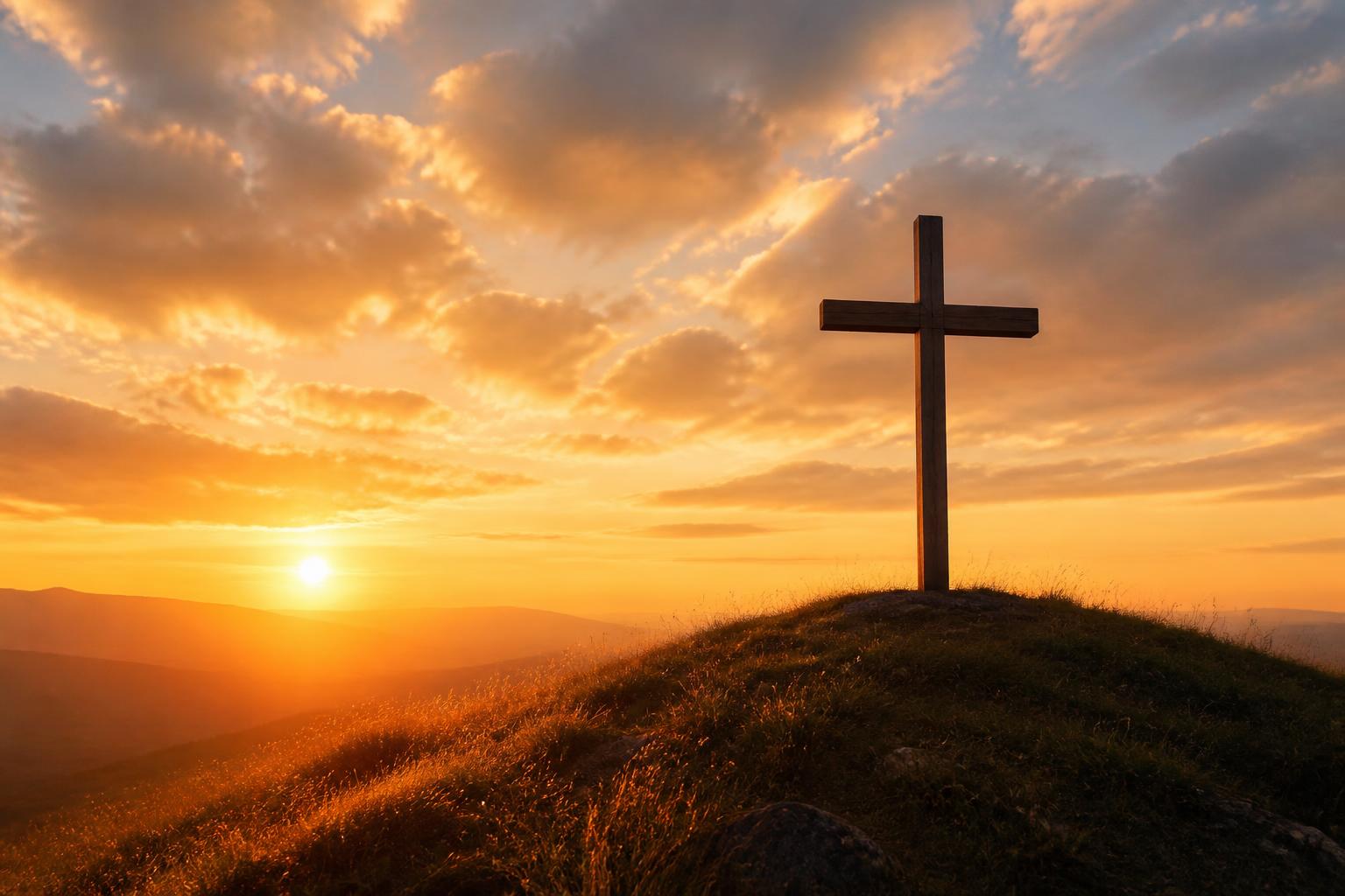 An empty wooden cross silhouetted against a golden sunrise