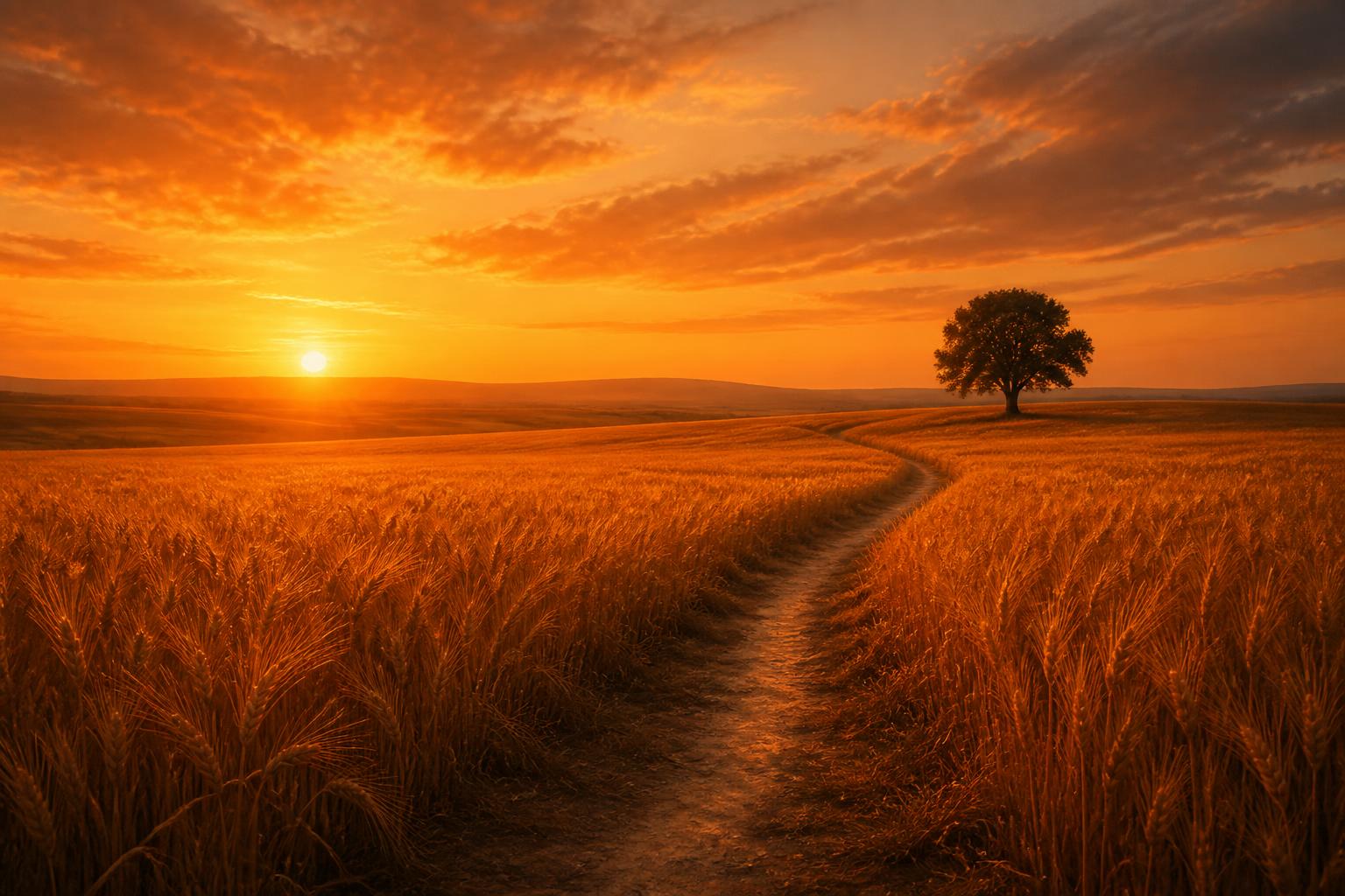 A lone path through golden wheat at sunset