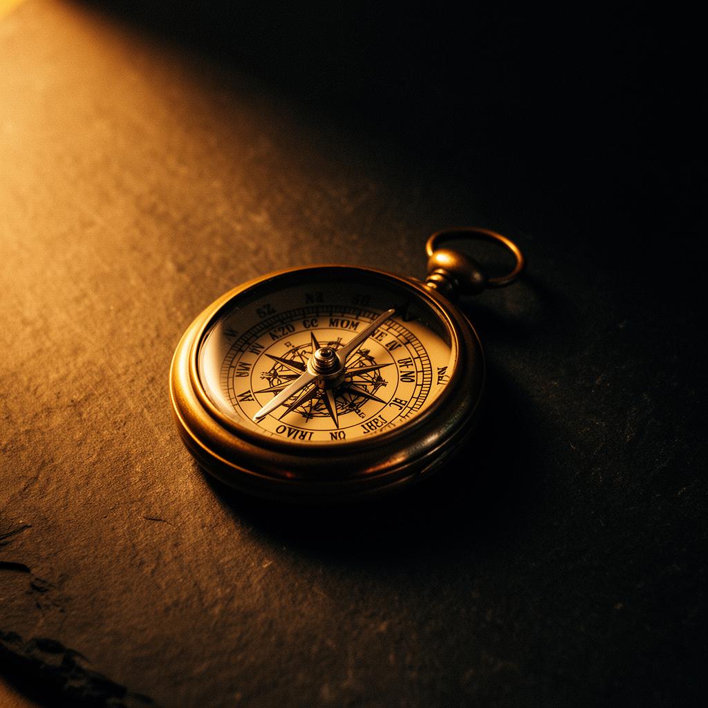 Antique brass compass on dark slate