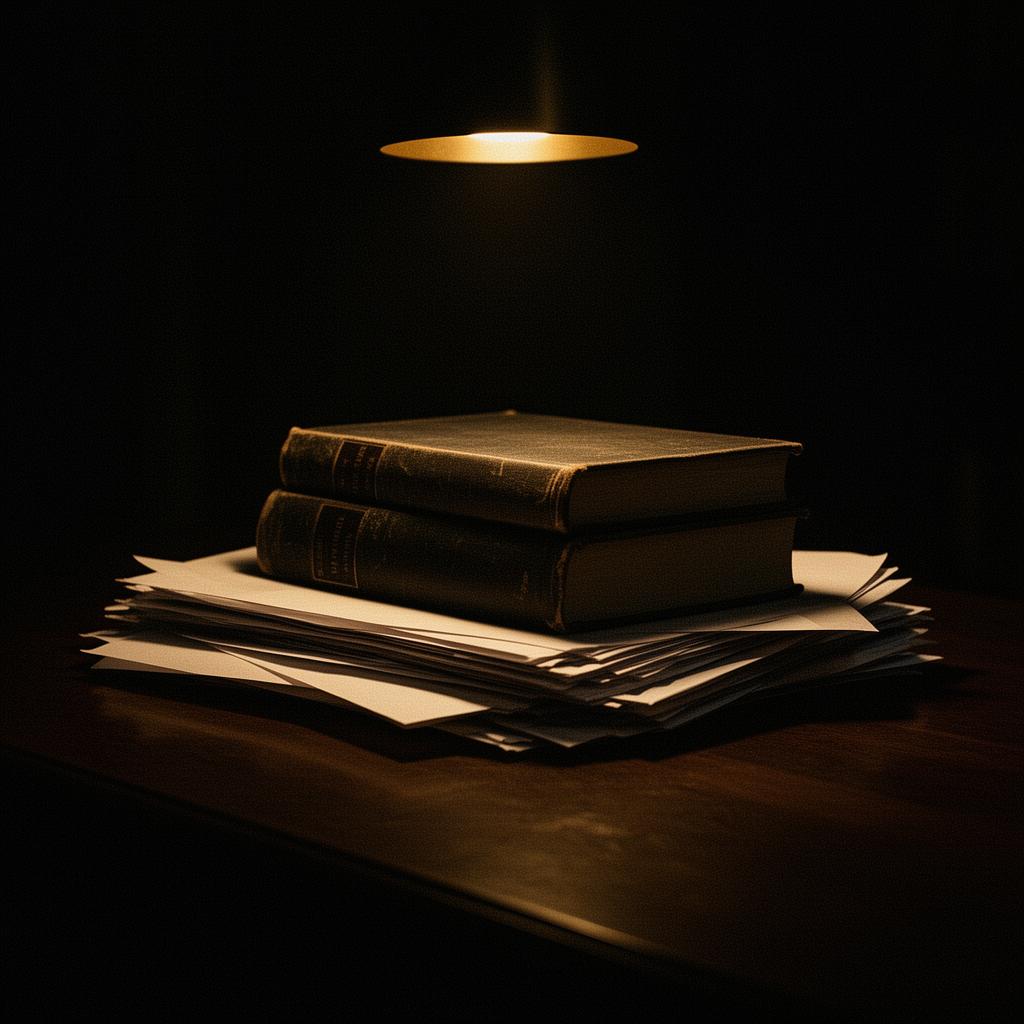 Stacked books and documents under warm light