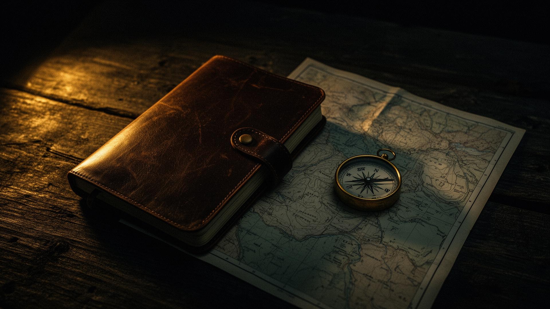 Leather journal, brass compass, and a topographic map under warm light